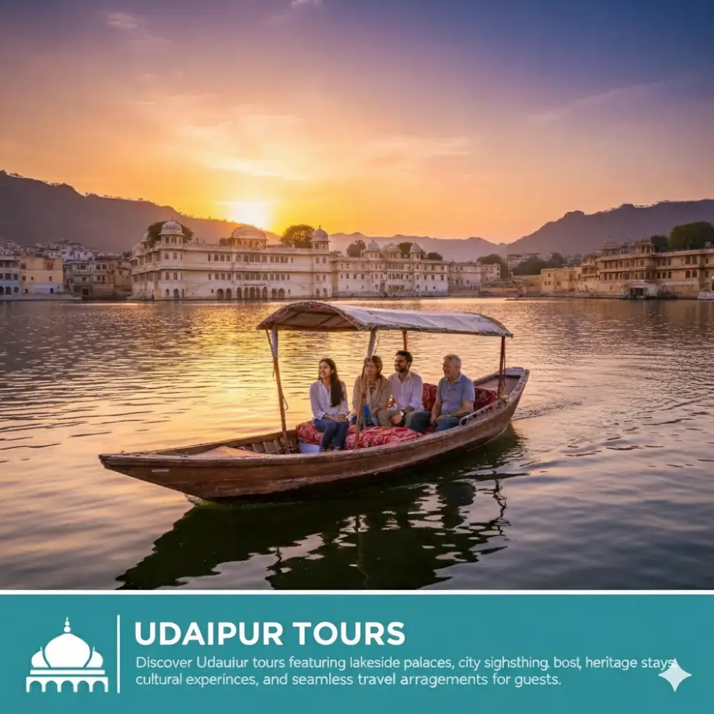 Udaipur City Palace overlooking Lake Pichola during sunset, heritage travel and boat ride tour experience