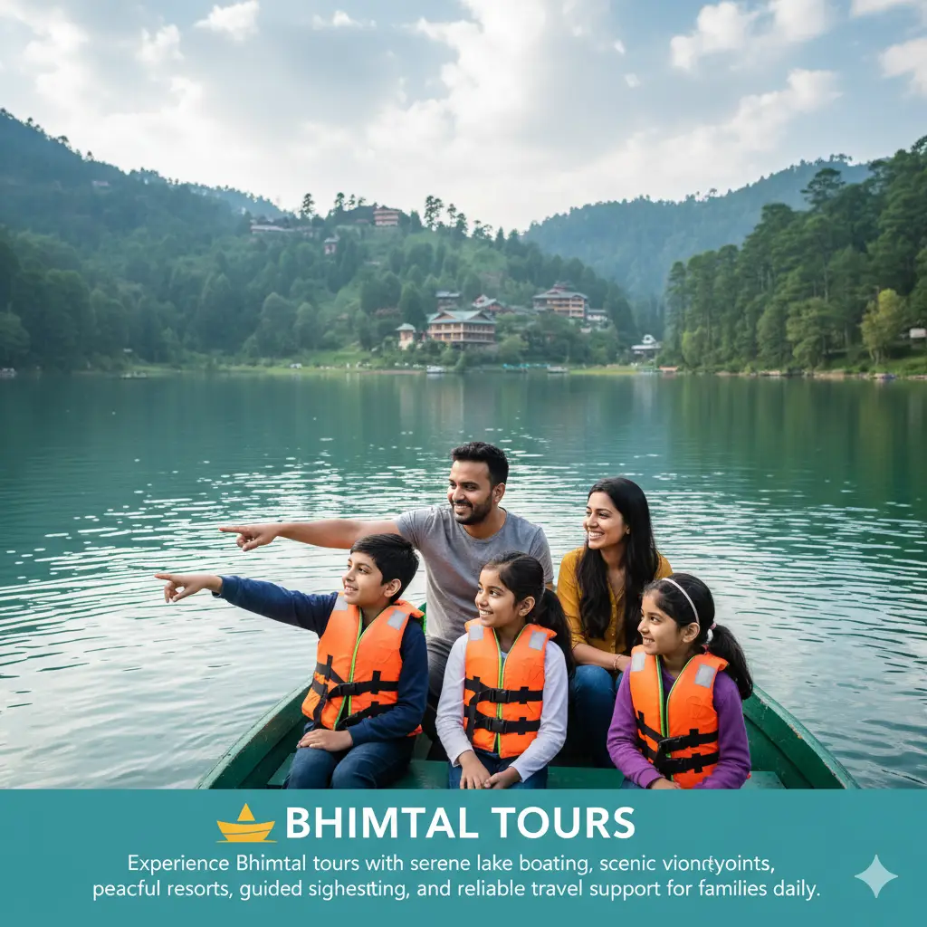 Bhimtal Lake with island temple surrounded by green hills, peaceful hill station tour in Uttarakhand