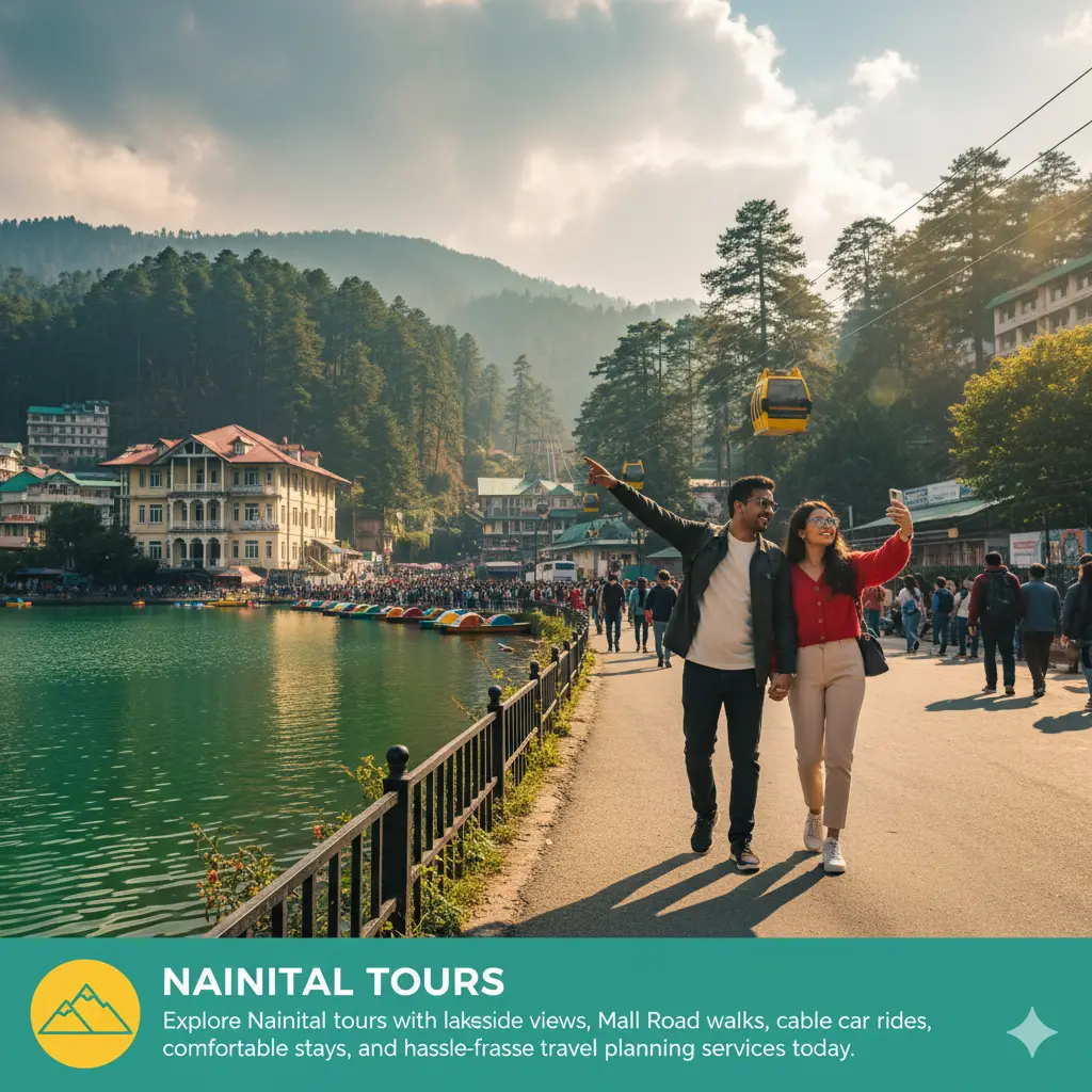 Naini Lake in Nainital with colorful boats and lush green hills, scenic hill station tour