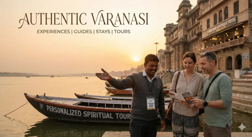 Varanasi tour packages 2025 showing panoramic view of Dashashwamedh Ghat during Ganga Aarti with travelers enjoying Kashi city tour.
